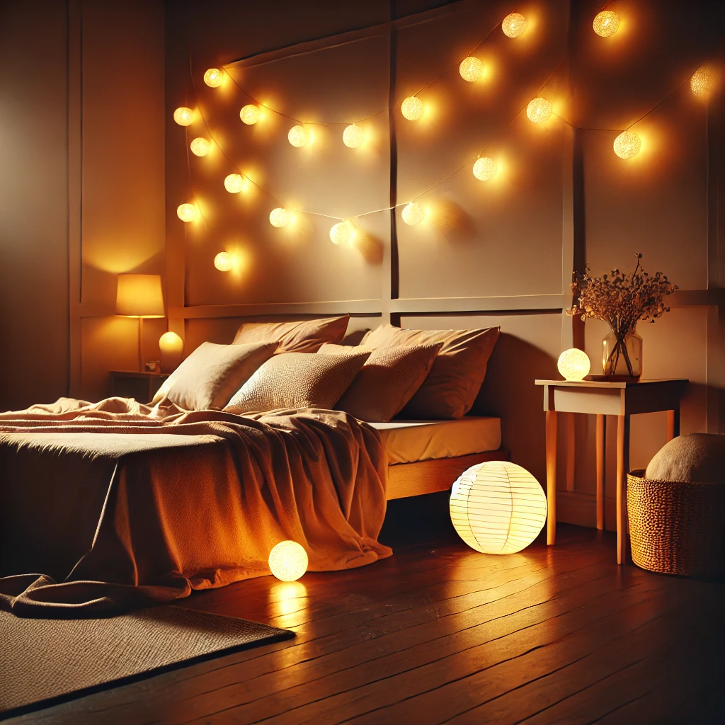 Schlafzimmer mit warmem Licht (2700 Kelvin) und String-Lights, die einen sanften, gemütlichen Lichtschein erzeugen, beruhigende und einladende Stimmung.