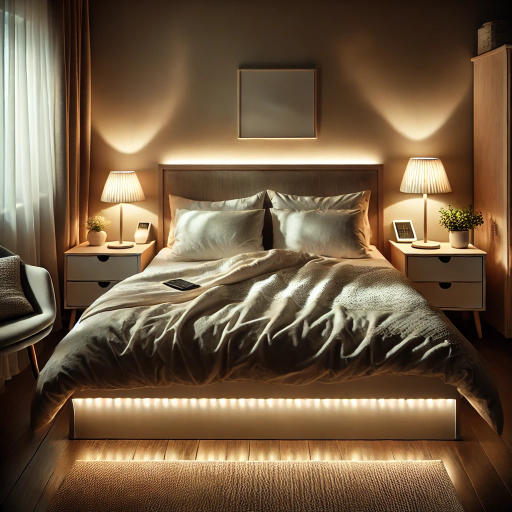 Schlafzimmer mit kleinen Nachttischlampen, die sanftes, diffuses Licht spenden, LED-Streifen unter dem Bett für moderne Lichtakzente, ruhige und gemütliche Atmosphäre.