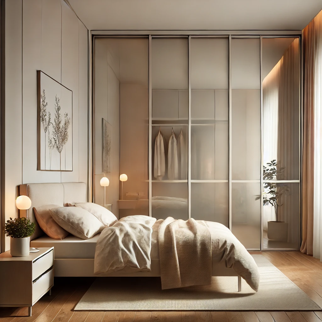 Schlafzimmer mit modernen Schränken mit Schiebetüren, die viel Stauraum bieten, aufgeräumt und gemütlich, minimalistisches Design mit beruhigender Atmosphäre.