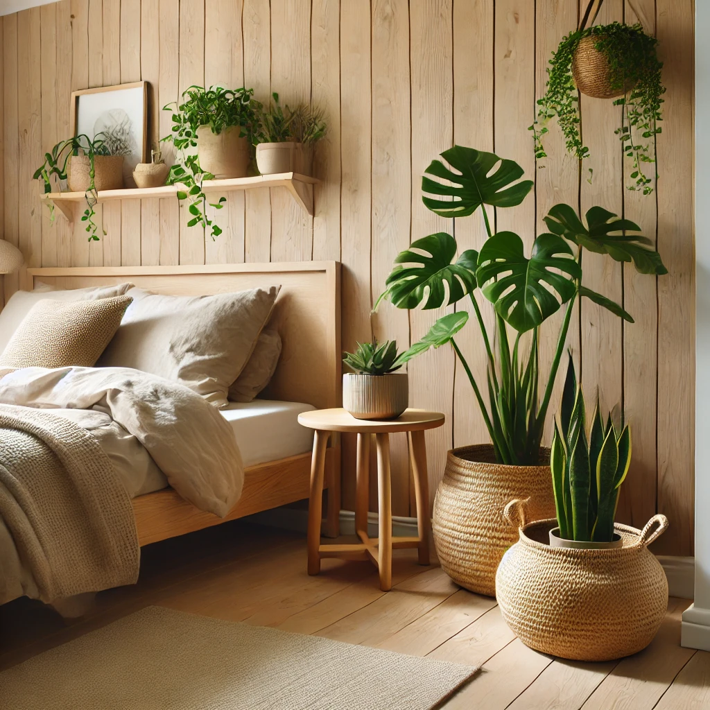 Schlafzimmer mit Holzmöbeln und Zimmerpflanzen wie Monstera und Sansevieria, die frische Luft und eine friedliche, natürliche Atmosphäre schaffen.