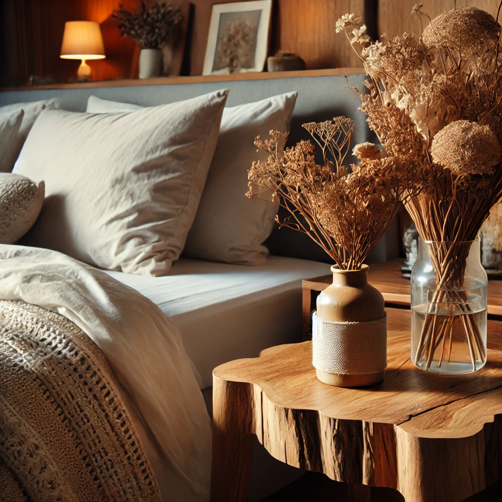 Schlafzimmer mit rustikalem Beistelltisch aus Holz und dekorativen Vasen mit getrockneten Blumen, die eine warme und gemütliche Atmosphäre schaffen.