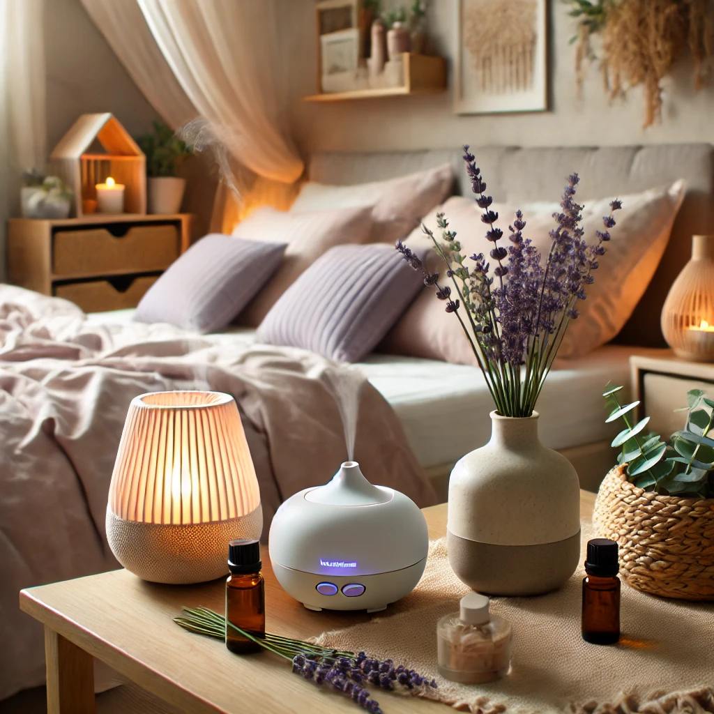 Schlafzimmer mit Diffusoren, die Lavendel- und Eukalyptusdüfte verbreiten, beruhigende Atmosphäre mit weicher Beleuchtung und natürlichen Akzenten.