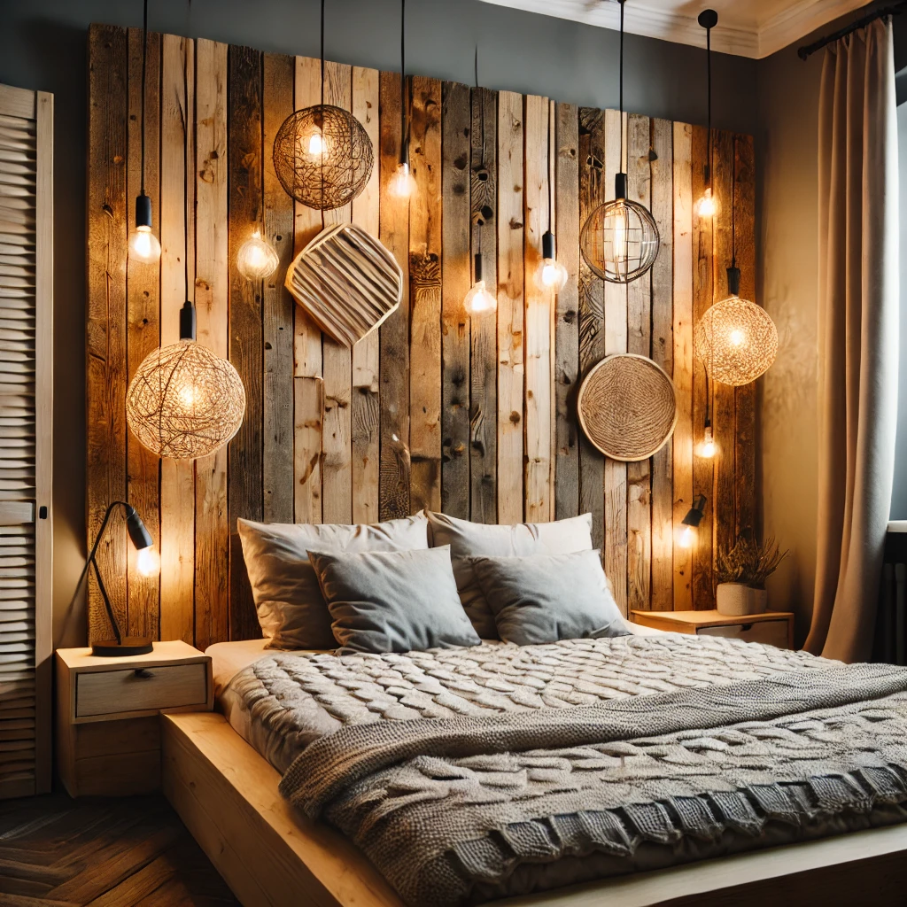  Schlafzimmer mit einem DIY-Kopfteil aus recyceltem Holz und einzigartigen Lichtinstallationen, die eine warme und einladende Atmosphäre schaffen.