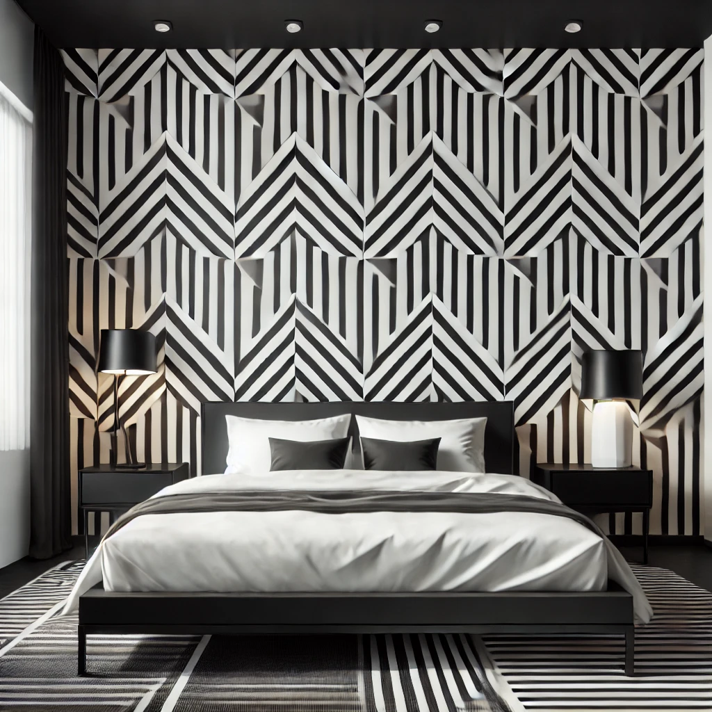 Modernes Schlafzimmer mit schwarz-weißer, geometrisch gemusterter Tapete, minimalistischem Bett und schlichten schwarzen Möbeln für ein zeitgemäßes, elegantes Design.