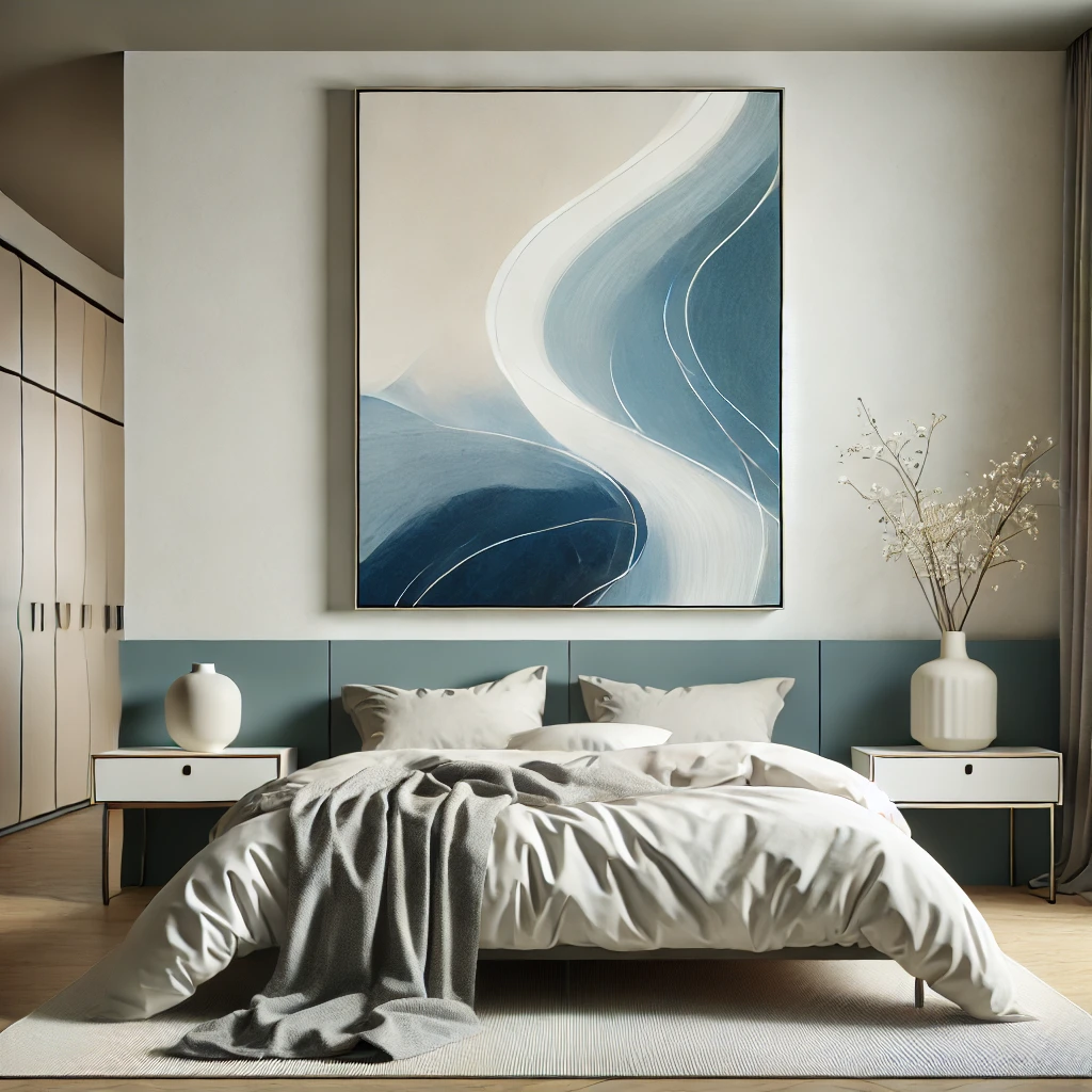 Modernes Schlafzimmer mit einer großen abstrakten Leinwand in beruhigenden Blau- und Weißtönen als zentrales Element, kombiniert mit minimalistischen Möbeln und neutraler Bettwäsche.