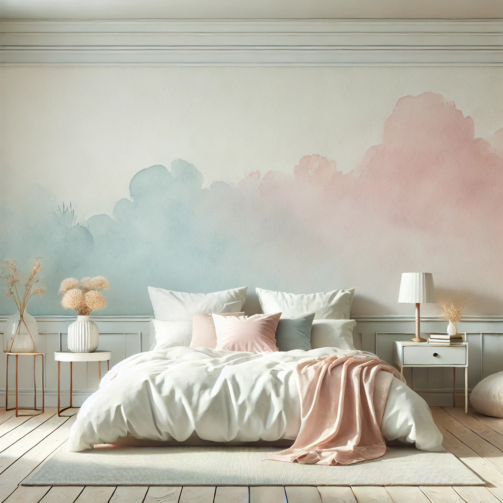 Schlafzimmer mit Wänden in zarten Aquarellverläufen in Pastellfarben wie Hellblau und Rosa, kombiniert mit schlichten Möbeln und weicher Bettwäsche in neutralen Tönen für eine beruhigende, träumerische Stimmung.