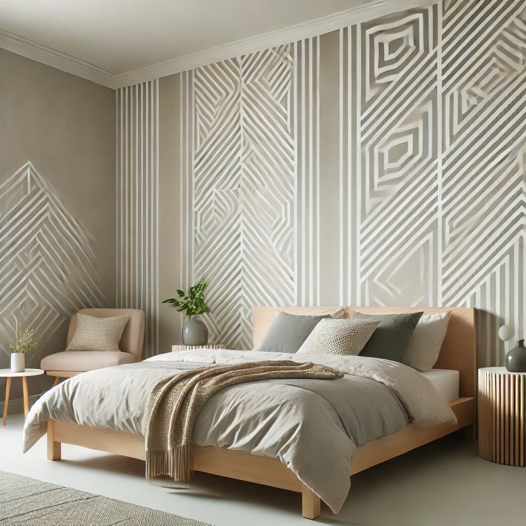 Stilvolles Schlafzimmer mit geometrischen Mustern an den Wänden, die mit Schablonen in Grau und Weiß gestaltet wurden, kombiniert mit minimalistischen Möbeln und neutraler Bettwäsche, um das Muster hervorzuheben.