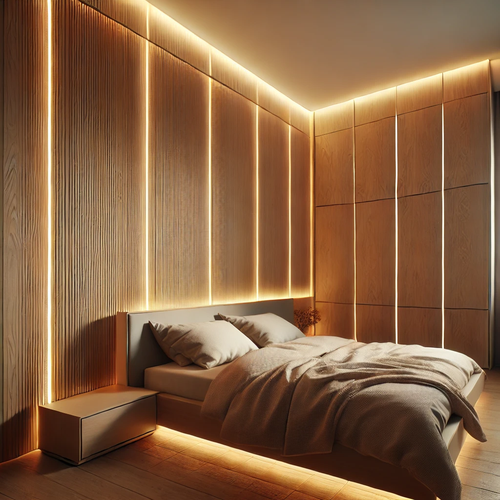 Modernes Schlafzimmer mit versteckten LED-Leisten hinter Holzpaneelen, die eine sanfte, indirekte Beleuchtung erzeugen und das warme Holz betonen, kombiniert mit schlichten Möbeln und neutraler Bettwäsche.






 Modernes Schlafzimmer mit versteckten LED-Leisten hinter Holzpaneelen, die eine sanfte, indirekte Beleuchtung erzeugen und das warme Holz betonen, kombiniert mit schlichten Möbeln und neutraler Bettwäsche.


