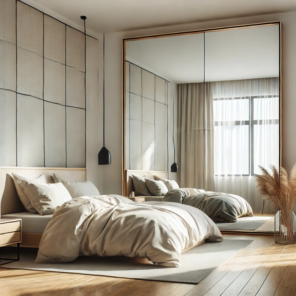 Modernes Schlafzimmer mit einem großen Wandspiegel, der das Licht reflektiert und die Tiefe des Raumes verstärkt. Minimalistische Möbel und neutrale Bettwäsche sorgen für ein helles und geräumiges Ambiente.