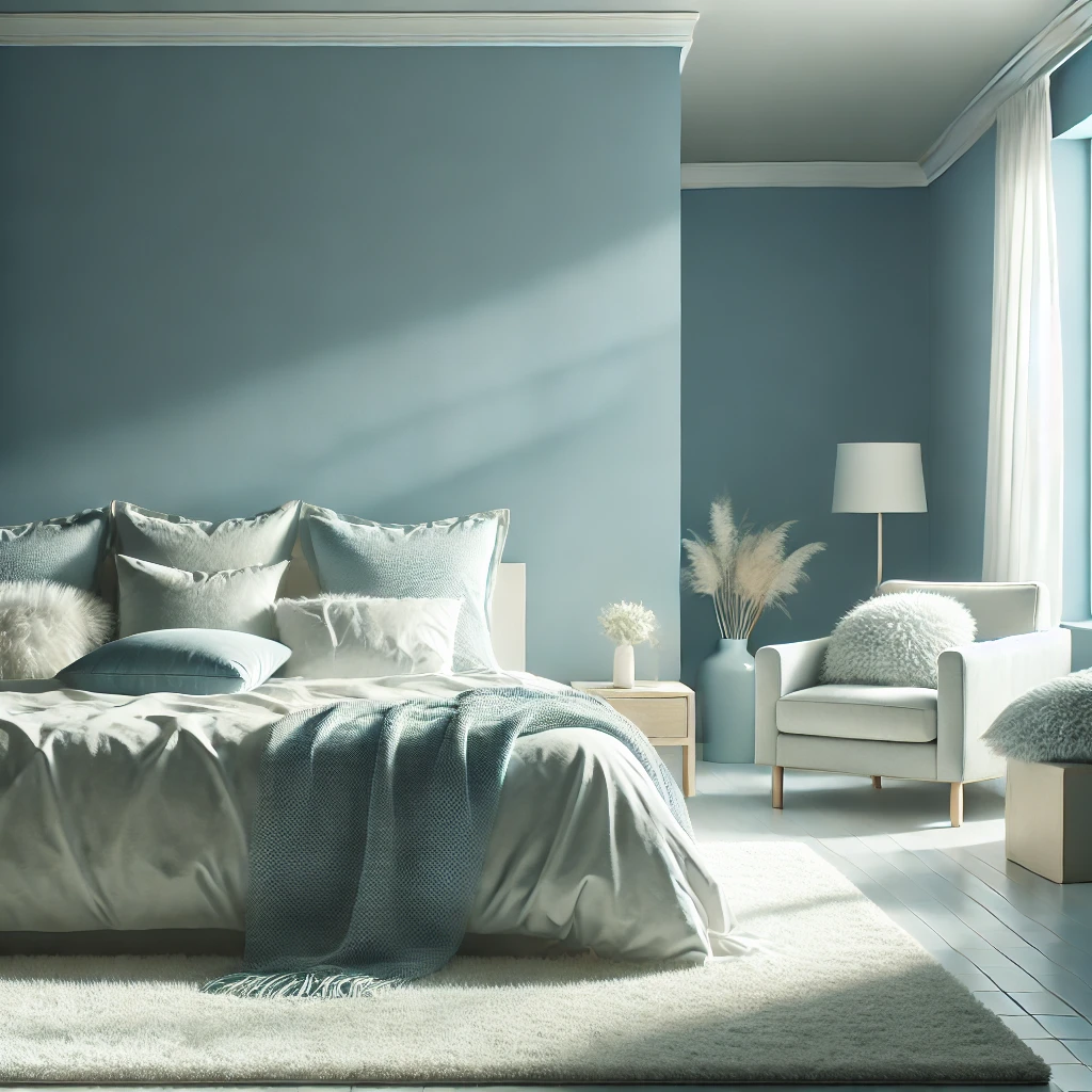 Ruhiges Schlafzimmer mit weichen blauen Wänden, minimalistischen Möbeln und heller Bettwäsche, das eine entspannte und stressfreie Atmosphäre für erholsamen Schlaf schafft.









