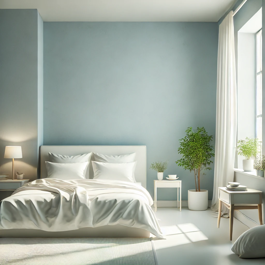 Ein Schlafzimmer mit weichen blauen Wänden, minimalistischen weißen Möbeln und natürlichem Licht, das durch ein großes Fenster strömt.