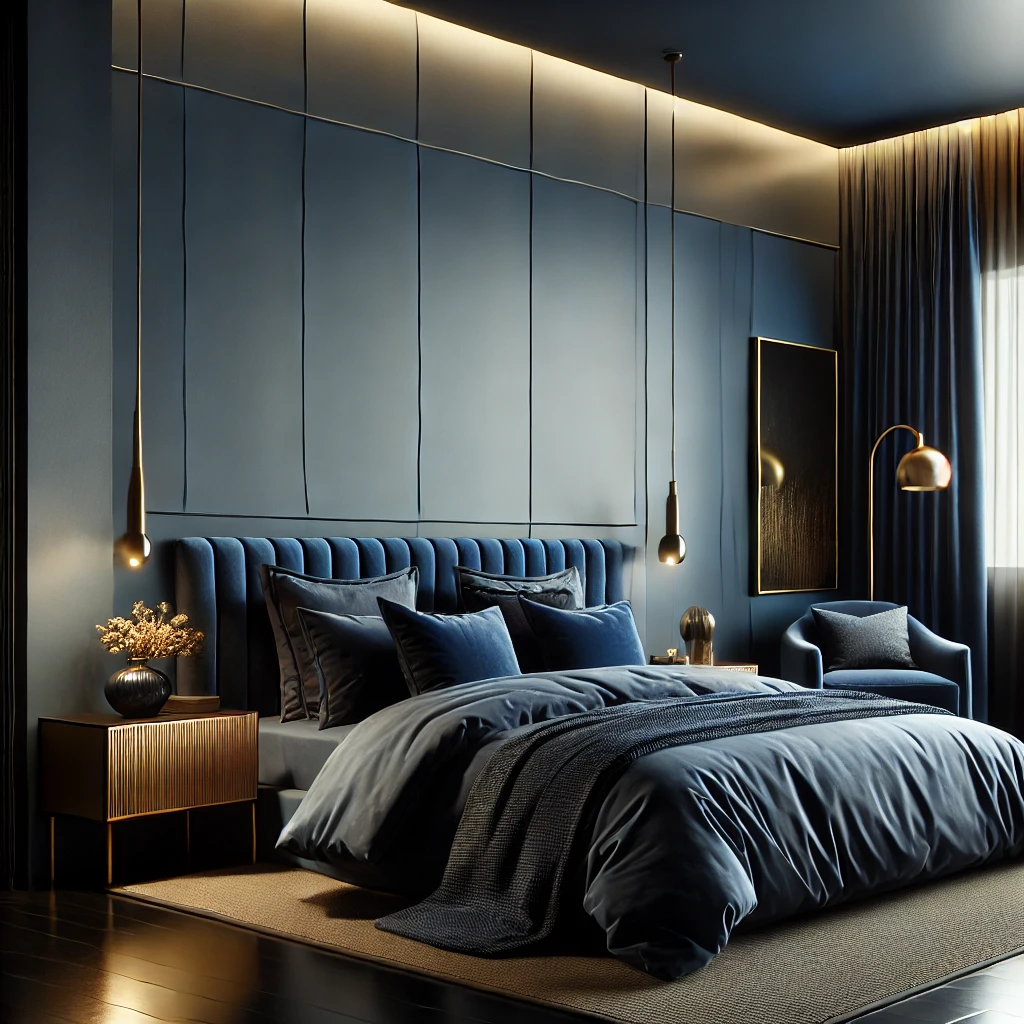 Ein modernes Schlafzimmer mit dunkelblauen Wänden, tiefblauer Bettwäsche und goldenen Akzenten, das eine ruhige und elegante Atmosphäre ausstrahlt.






Ein modernes Schlafzimmer mit dunkelblauen Wänden, tiefblauer Bettwäsche und goldenen Akzenten, das eine ruhige und elegante Atmosphäre ausstrahlt.


