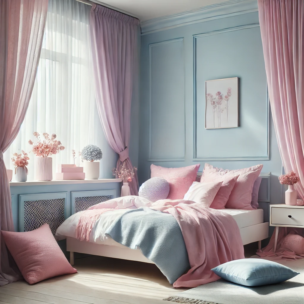 Ein gemütliches Schlafzimmer mit hellblauen Wänden, rosa Bettwäsche und fliederfarbenen Akzenten, das eine sanfte und entspannende Atmosphäre schafft.