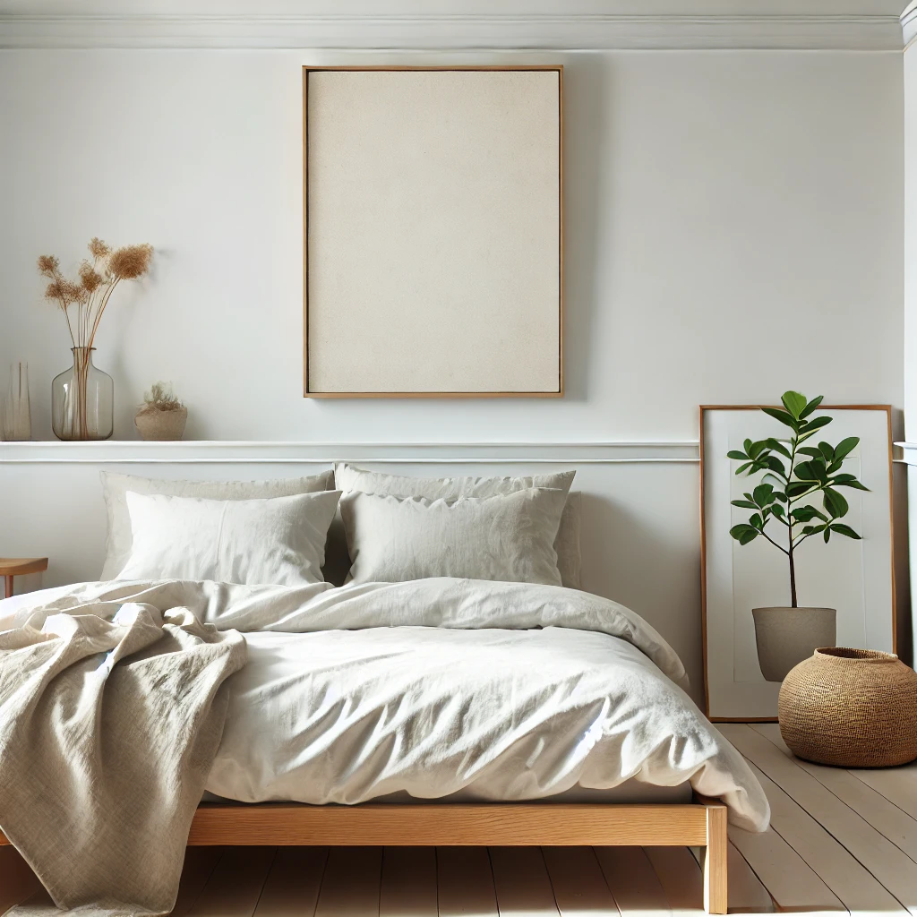 Ein minimalistisches Schlafzimmer mit weißen Wänden, grauer Bettwäsche und Holzmöbeln, dekoriert mit einer Zimmerpflanze und einem schlichten Kunstwerk.