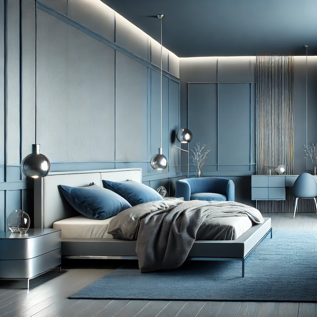  Ein modernes Schlafzimmer mit grauen Wänden, blauen Akzenten und minimalistischen Möbeln. Metallische Akzente in Silber und Chrom verleihen dem Raum ein luxuriöses und elegantes Flair.