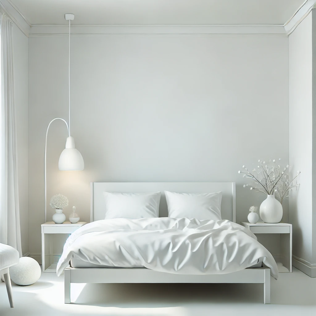 Minimalistisches weißes Schlafzimmer mit weißen Wänden, einem einfachen weißen Bett, weißer Bettwäsche und dezenten Dekorationen wie einer Pflanze und einer Lampe.