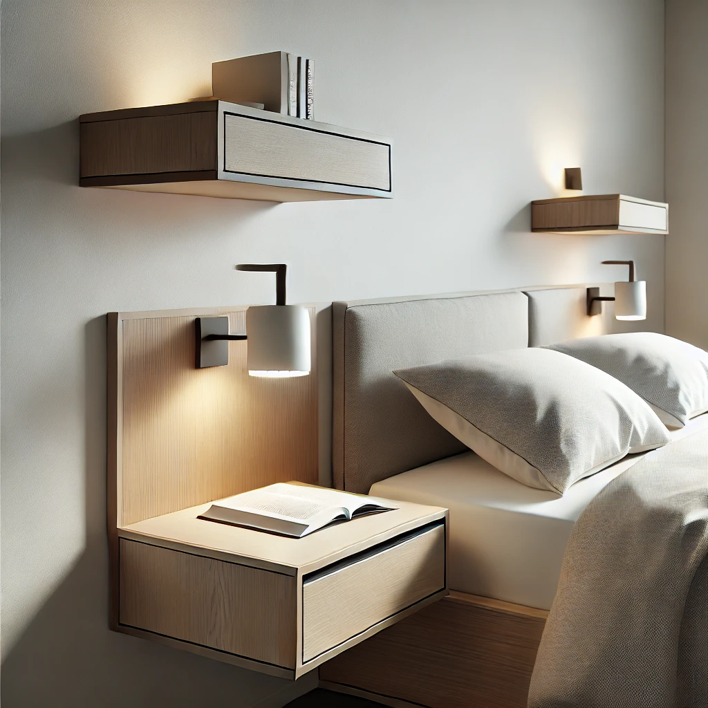 Modernes Schlafzimmer mit schwebenden Nachttischen, die minimalistisch gestaltet sind und eine Lampe sowie ein Buch tragen.






Modernes Schlafzimmer mit schwebenden Nachttischen, die minimalistisch gestaltet sind und eine Lampe sowie ein Buch tragen.


