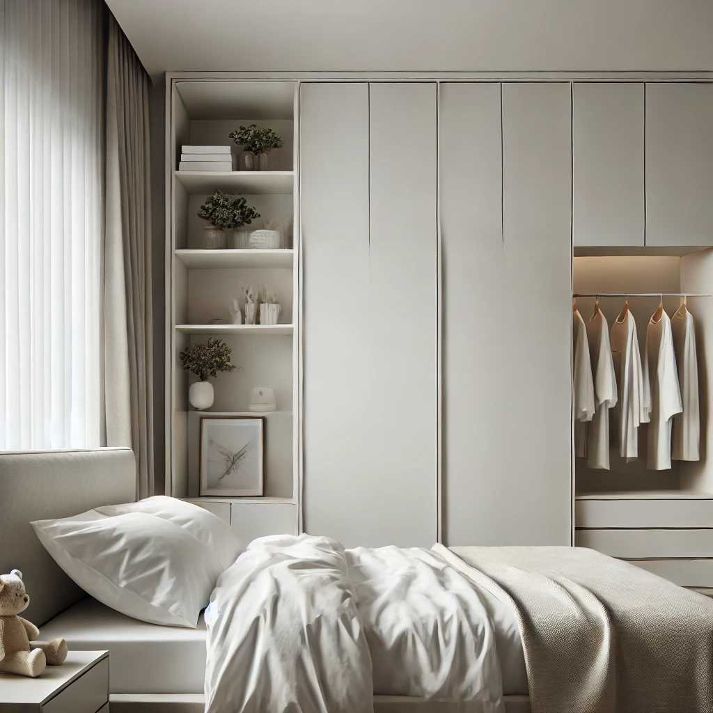 Modernes Schlafzimmer mit einem minimalistischen Kleiderschrank in Weiß und Hellgrau, der viel Stauraum bietet und sich nahtlos in das schlichte Design des Raumes einfügt.