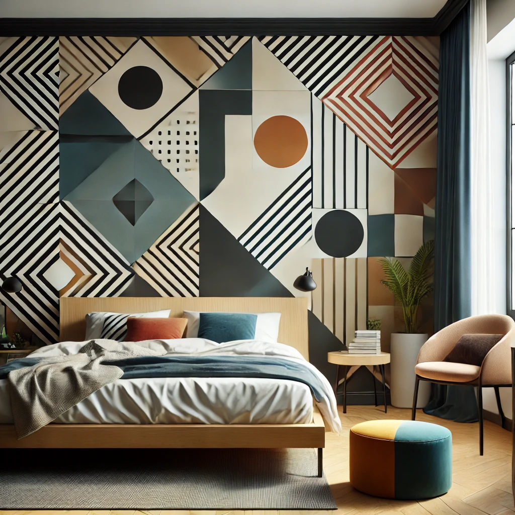 Modernes Schlafzimmer mit Tapete in geometrischem Muster, die an einer Wand angebracht ist und einen auffälligen visuellen Eindruck hinterlässt.