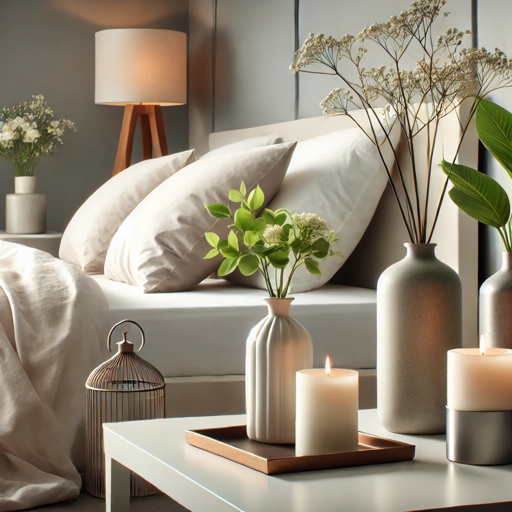 Modernes Schlafzimmer mit kleinen Accessoires wie Kerzenhaltern, einer Vase mit frischen Blumen und grünen Pflanzen, die dem Raum Farbe und Frische verleihen, ohne ihn zu überladen.