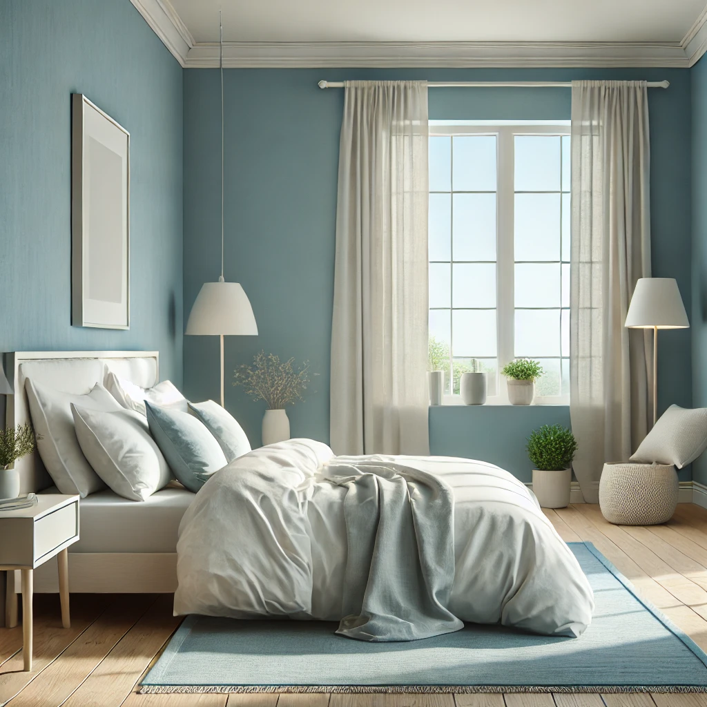  Ein Schlafzimmer mit weichen blauen Wänden, minimalistischen Möbeln und gemütlicher Bettwäsche, das eine ruhige und entspannende Atmosphäre schafft.