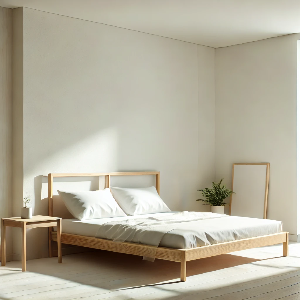 Ein minimalistisches Schlafzimmer mit weißen und Off-White-Wänden, natürlichen Holzmöbeln und einem frischen, luftigen Ambiente.