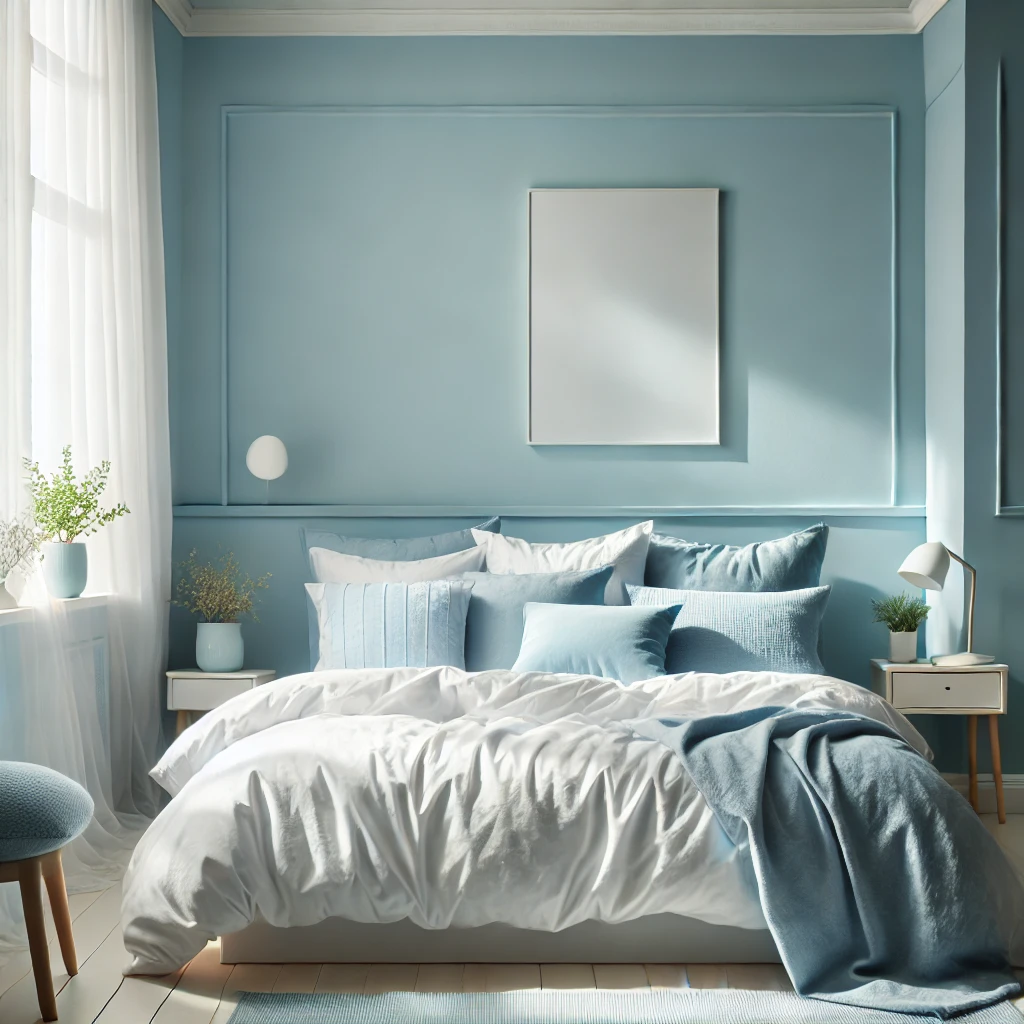 Ein Schlafzimmer mit sanften babyblauen Wänden und minimalistischem Design, das eine entspannende und friedliche Atmosphäre schafft.