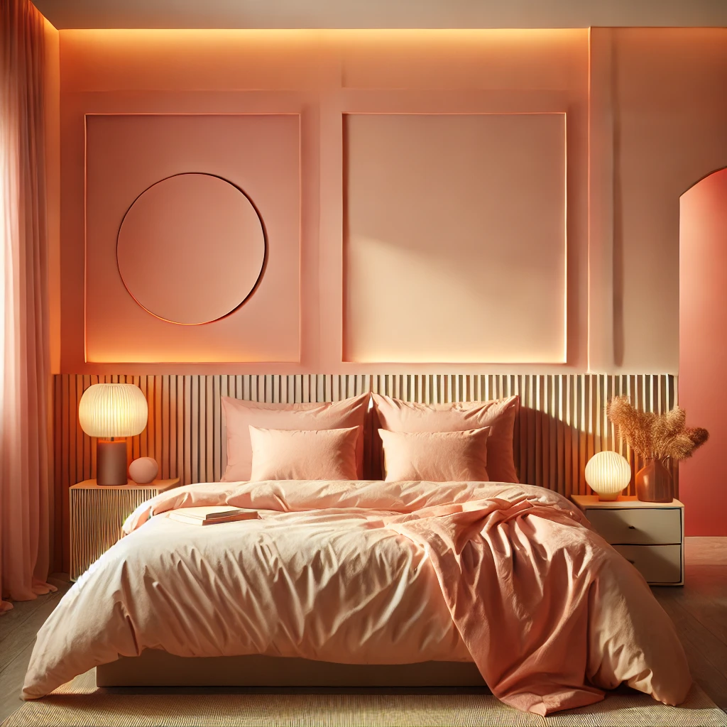 Ein gemütliches Schlafzimmer mit weichen rosa und pfirsichfarbenen Wänden, das eine einladende und entspannende Atmosphäre schafft.