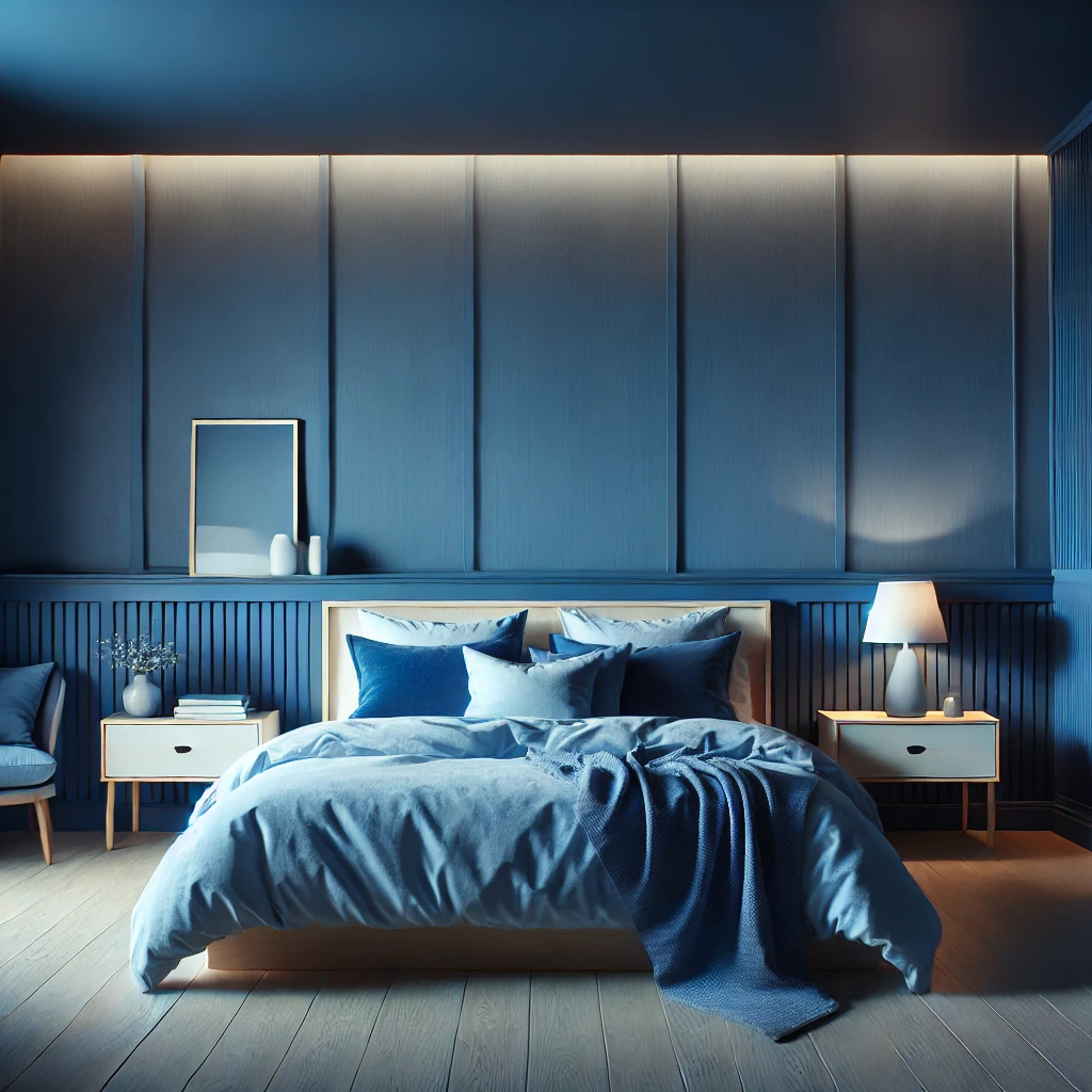 Schlafzimmer mit tiefblauen Wänden, weicher Beleuchtung und minimaler Dekoration, das eine ruhige und entspannte Stimmung erzeugt.