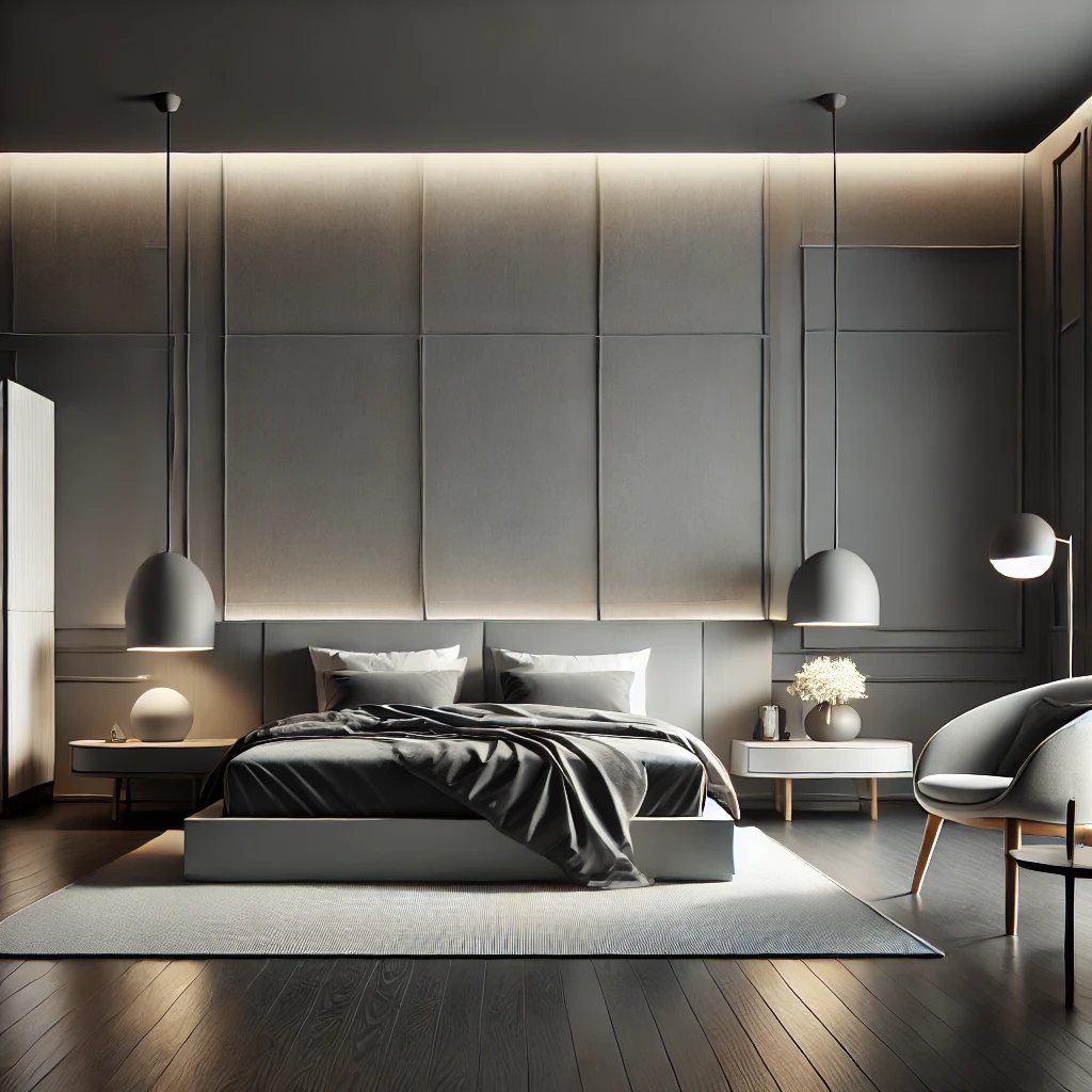 Ein modernes Schlafzimmer mit grauen Wänden, minimalistischer Einrichtung und sanfter Beleuchtung, das eine ruhige und elegante Atmosphäre schafft.