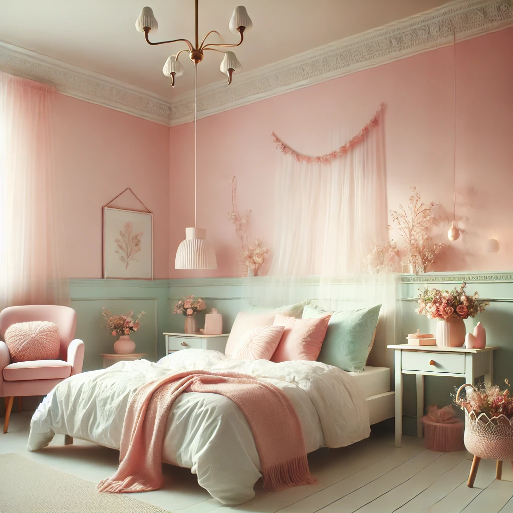  Ein gemütliches Schlafzimmer mit Pastellrosa und Mintgrünen Wänden, weicher Beleuchtung und minimaler Einrichtung, das eine ruhige, feminine und harmonische Stimmung schafft.