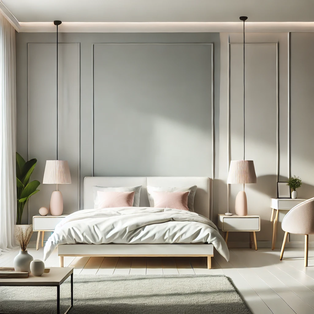  Ein stilvolles Schlafzimmer mit hellgrauen Wänden und zarten Pastellakzenten, das durch minimalistisches Design und sanfte Beleuchtung eine moderne, geräumige Atmosphäre schafft.