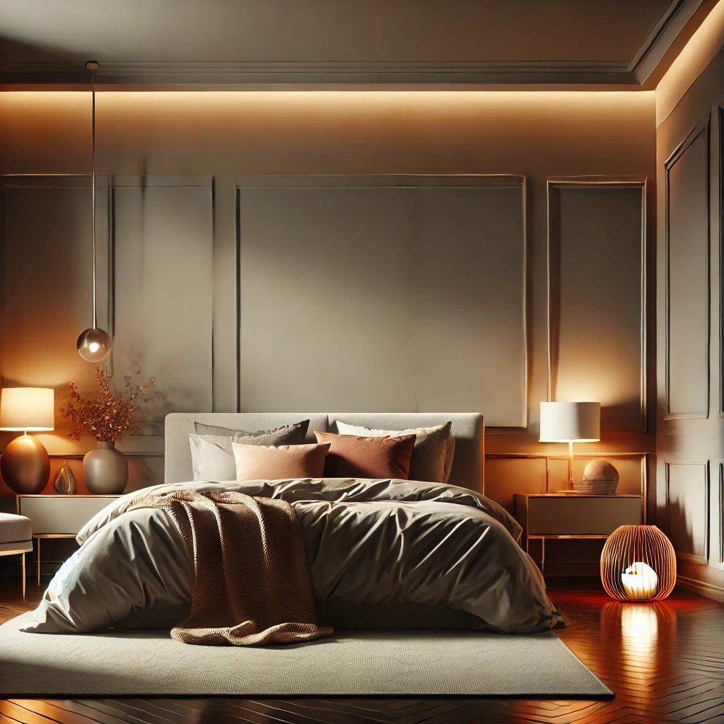 Schlafzimmer mit warmgrauen Wänden, moderner Einrichtung und sanfter Beleuchtung, das eine gemütliche und elegante Atmosphäre schafft.






Schlafzimmer mit warmgrauen Wänden, moderner Einrichtung und sanfter Beleuchtung, das eine gemütliche und elegante Atmosphäre schafft.


