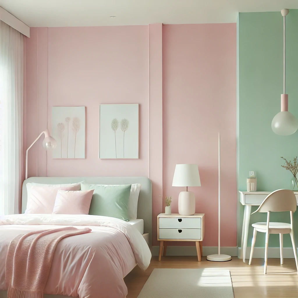 Schlafzimmer mit Rosé-, Mintgrün- und Lavendelfarbenen Wänden, minimaler Einrichtung und weicher Beleuchtung, das eine frische und entspannende Stimmung erzeugt.






 Schlafzimmer mit Rosé-, Mintgrün- und Lavendelfarbenen Wänden, minimaler Einrichtung und weicher Beleuchtung, das eine frische und entspannende Stimmung erzeugt.


