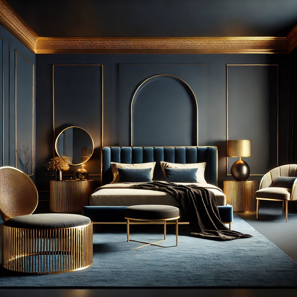 Ein luxuriöses Schlafzimmer mit tiefblauen Wänden und goldenen Akzenten, das durch moderne Möbel Eleganz und Glamour ausstrahlt.