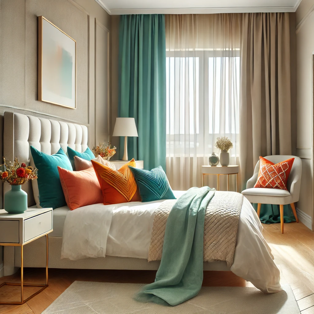 in Gästezimmer mit neutralen Wänden und Möbeln, das durch bunte Kissen und Vorhänge in kräftigen Farben wie Orange und Türkis aufgelockert wird, ohne die ruhige Atmosphäre zu stören.





Ein Gästezimmer mit neutralen Wänden und Möbeln, das durch bunte Kissen und Vorhänge in kräftigen Farben wie Orange und Türkis aufgelockert wird, ohne die ruhige Atmosphäre zu stören.



