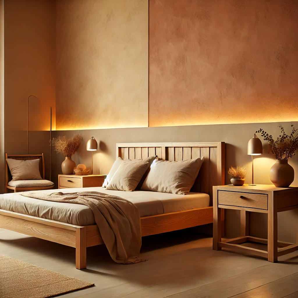 Ein gemütliches Schlafzimmer mit Naturholzmöbeln und warmen Beige- und Terrakotta-Wänden, das eine einladende und komfortable Atmosphäre schafft.






 Ein gemütliches Schlafzimmer mit Naturholzmöbeln und warmen Beige- und Terrakotta-Wänden, das eine einladende und komfortable Atmosphäre schafft.


