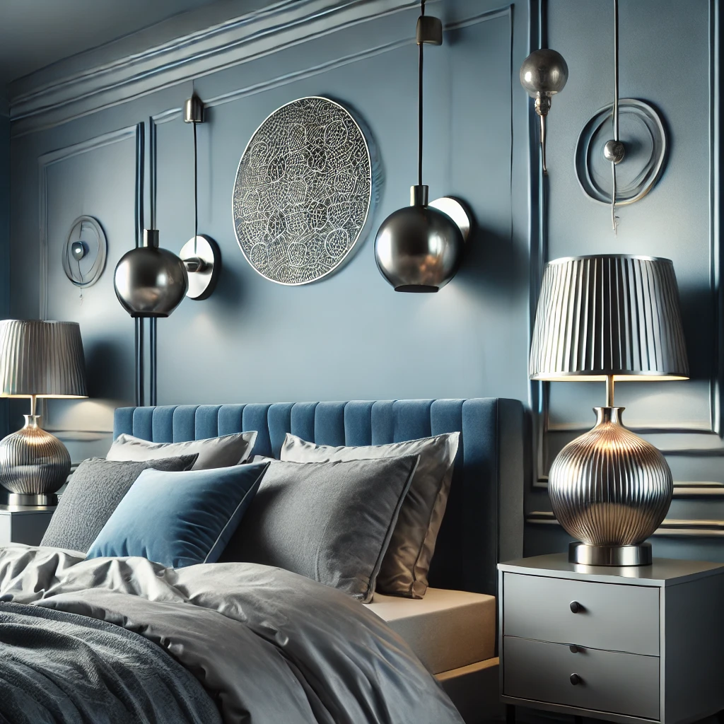 Stilvolles Schlafzimmer mit blauen und grauen Wänden, silbernen Lampen und metallischen Akzenten, die eine elegante und moderne Atmosphäre schaffen.