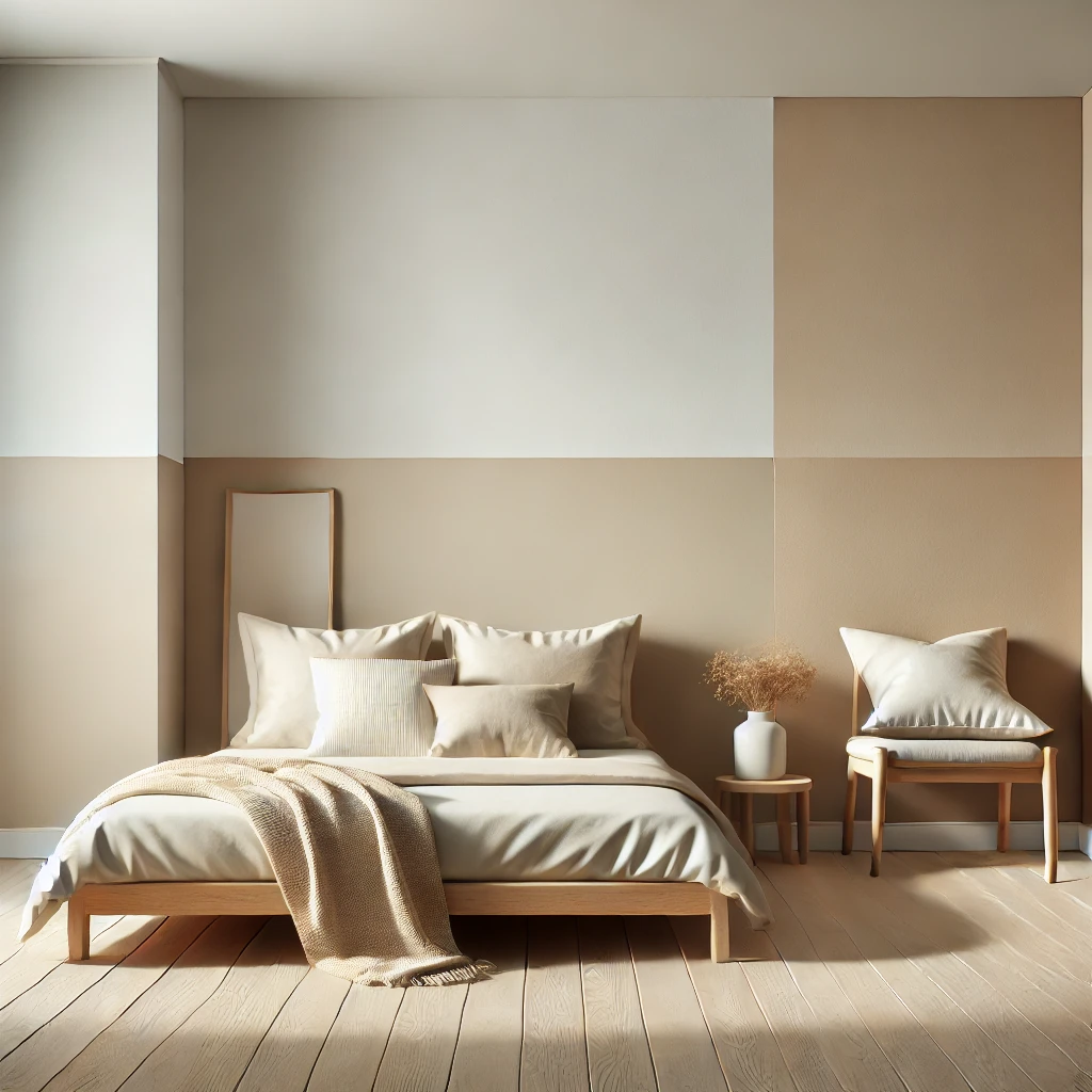 Minimalistisches Schlafzimmer mit weißen, beige- und sandfarbenen Wänden, hellen Holzmöbeln und weicher Bettwäsche für eine ruhige und harmonische Atmosphäre.