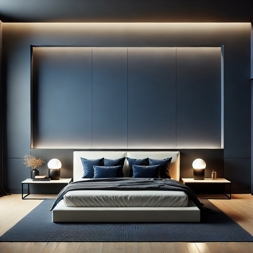 Modernes Schlafzimmer mit einer tiefblauen Akzentwand hinter dem Bett, minimalistischer Einrichtung und weicher Beleuchtung, die die Wand in den Mittelpunkt rückt.