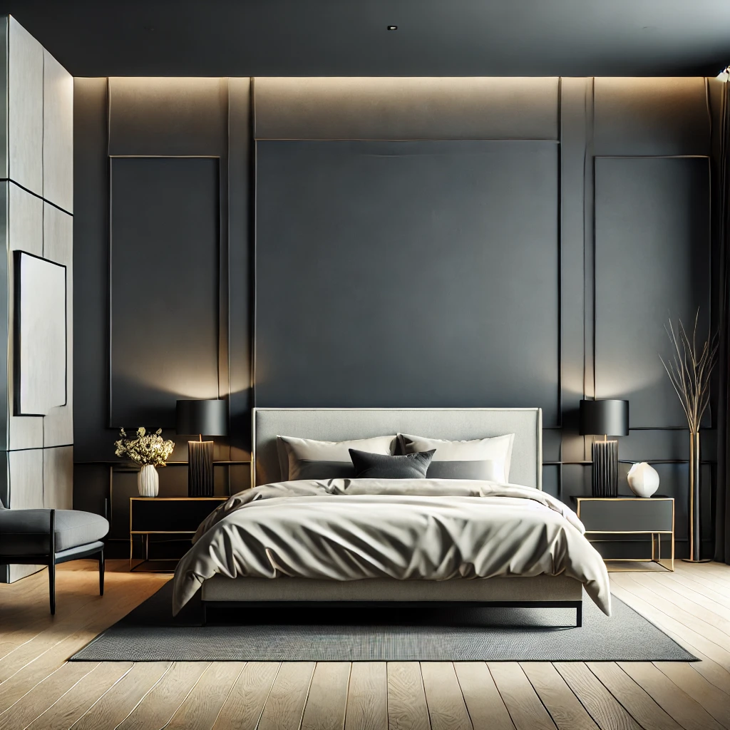 Stilvolles Schlafzimmer mit einer tiefen anthrazitgrauen Akzentwand, moderner Einrichtung und heller Dekoration, die einen eleganten und ausgewogenen Look schafft.