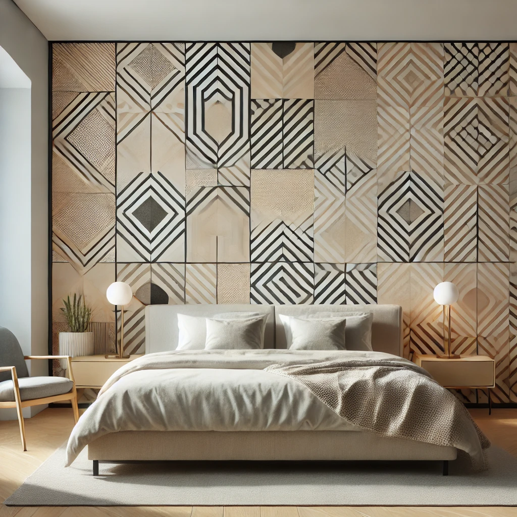 Stilvolles Schlafzimmer mit einer Akzentwand aus geometrisch gemusterter Tapete in neutralen Tönen, minimalistischer Einrichtung und weicher Beleuchtung für einen modernen Look.