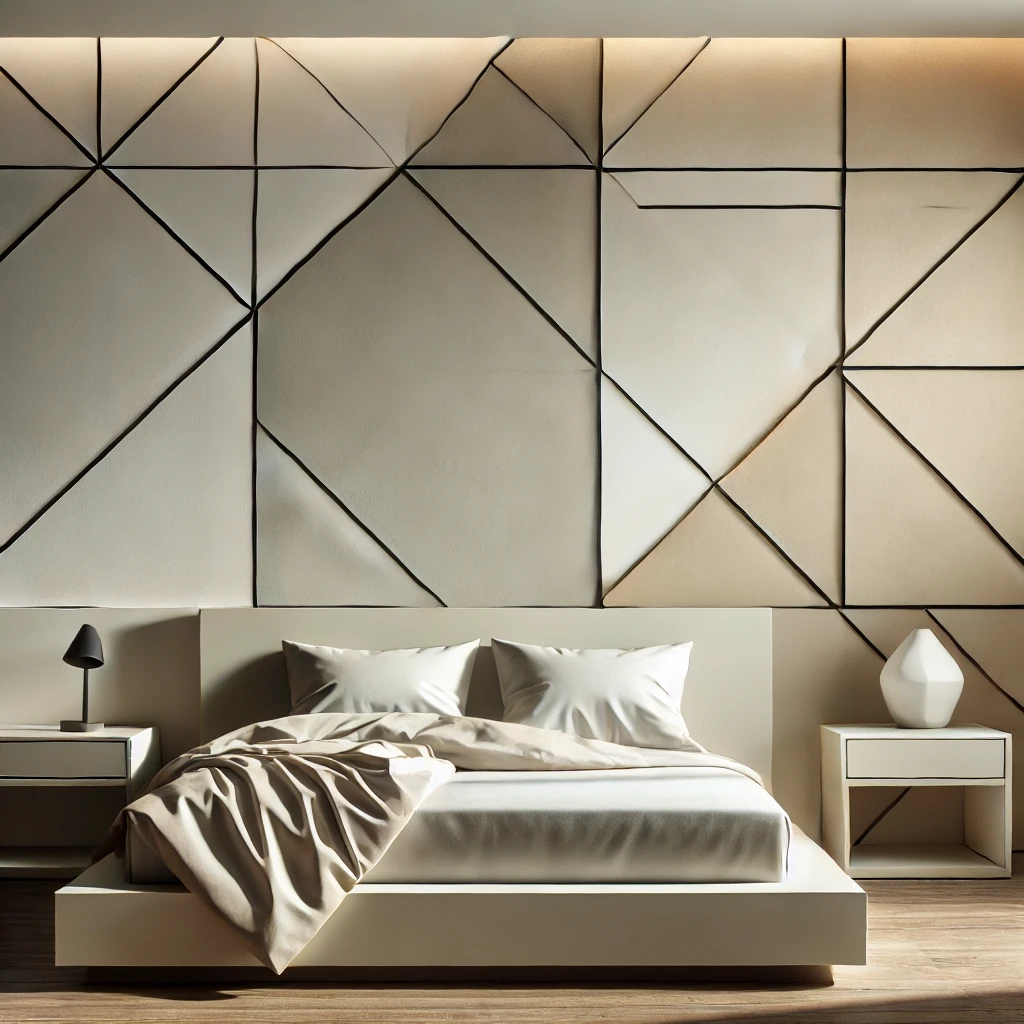 Modernes, minimalistisches Schlafzimmer mit einer Akzentwand aus geometrischen Formen, klaren Linien und neutralen Farben, ergänzt durch schlichte Möbel und helle Beleuchtung.