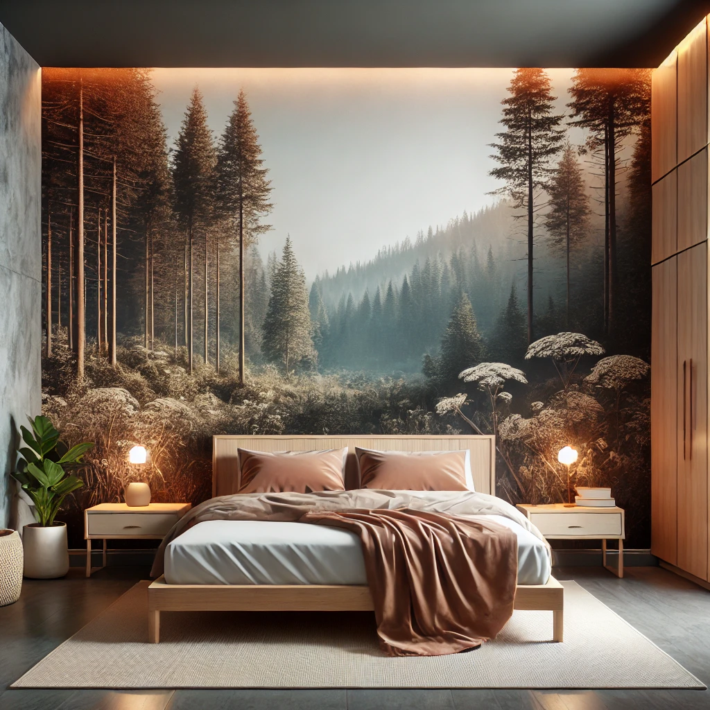 Modernes Schlafzimmer mit einer Fototapete, die eine Waldlandschaft zeigt, und minimalistischer Einrichtung, die eine immersive und beruhigende Atmosphäre schafft.