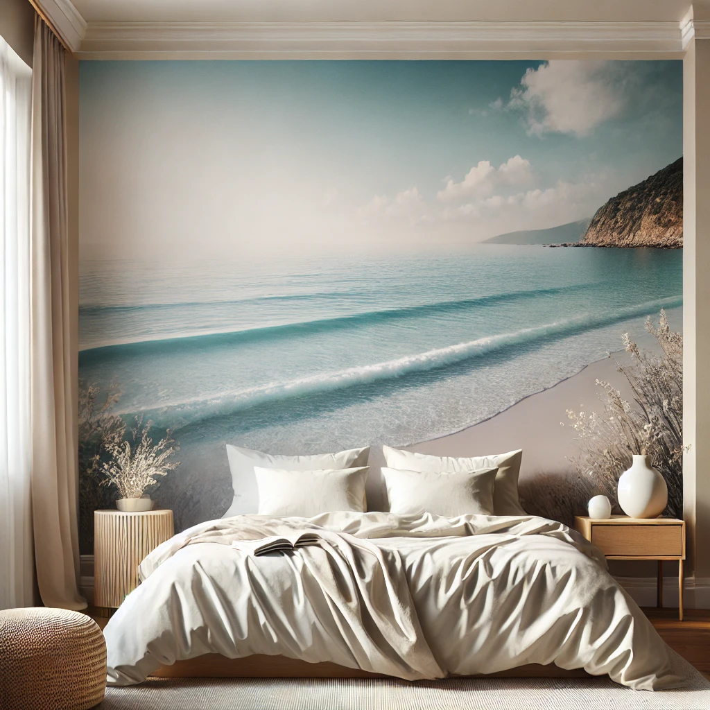 Ein ruhiges Schlafzimmer mit einer Fototapete, die eine entspannende Strandlandschaft zeigt, und minimaler Dekoration, die eine erholsame Atmosphäre schafft.






 Ein ruhiges Schlafzimmer mit einer Fototapete, die eine entspannende Strandlandschaft zeigt, und minimaler Dekoration, die eine erholsame Atmosphäre schafft.


