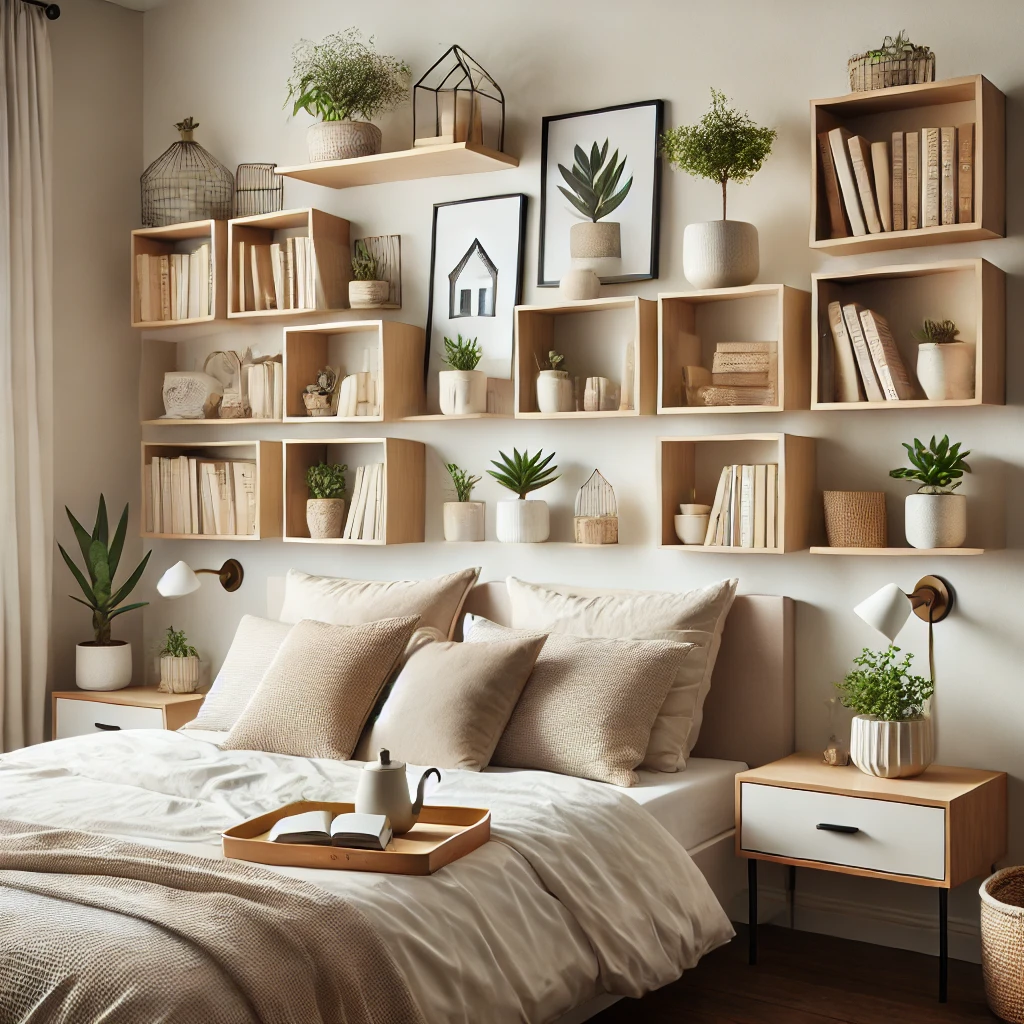  Stilvolles Schlafzimmer mit schwebenden Regalen, die Lieblingsbücher, kleine Pflanzen und Dekorationsstücke präsentieren und harmonisch in das minimalistische Design des Raumes integriert sind.