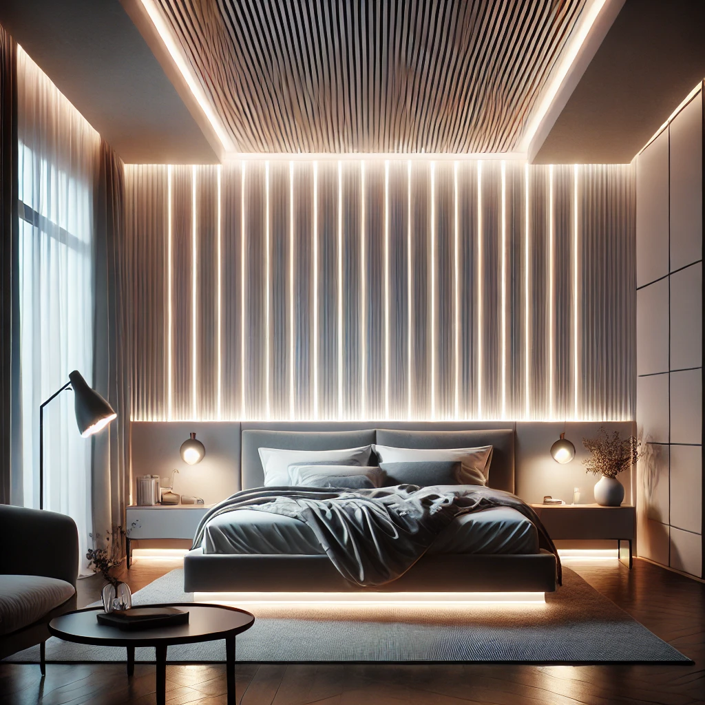 Modernes Schlafzimmer mit LED-Lichtstreifen hinter dem Bett und an der Decke, die sanftes Licht ausstrahlen und in verschiedenen Farben für stimmungsvolles Ambiente sorgen.