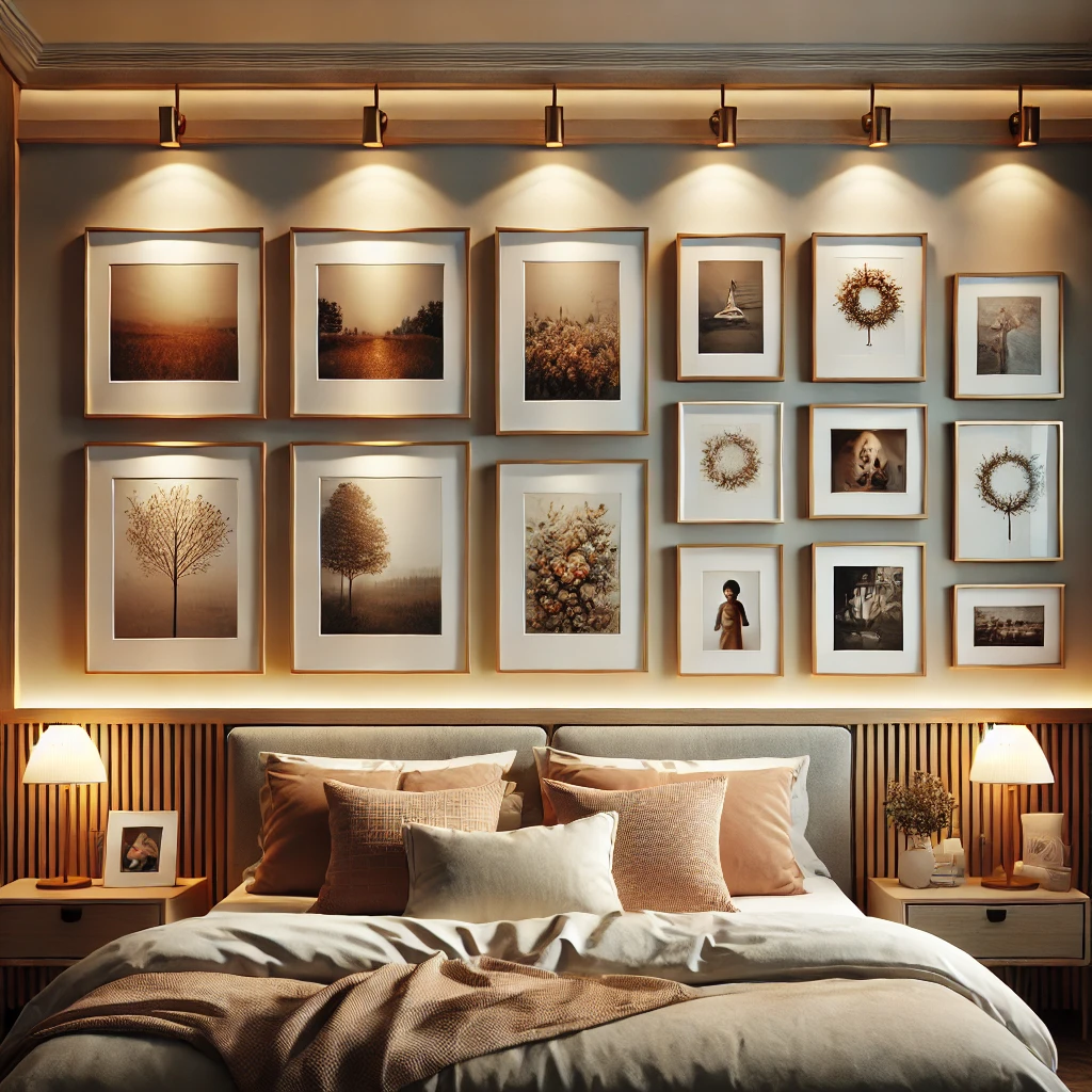 Modernes Schlafzimmer mit einer Bilderwand, beleuchtet durch elegante Bilderlichter, die Kunstwerke und Fotos in verschiedenen Rahmen hervorheben und dem Raum eine edle Note verleihen.