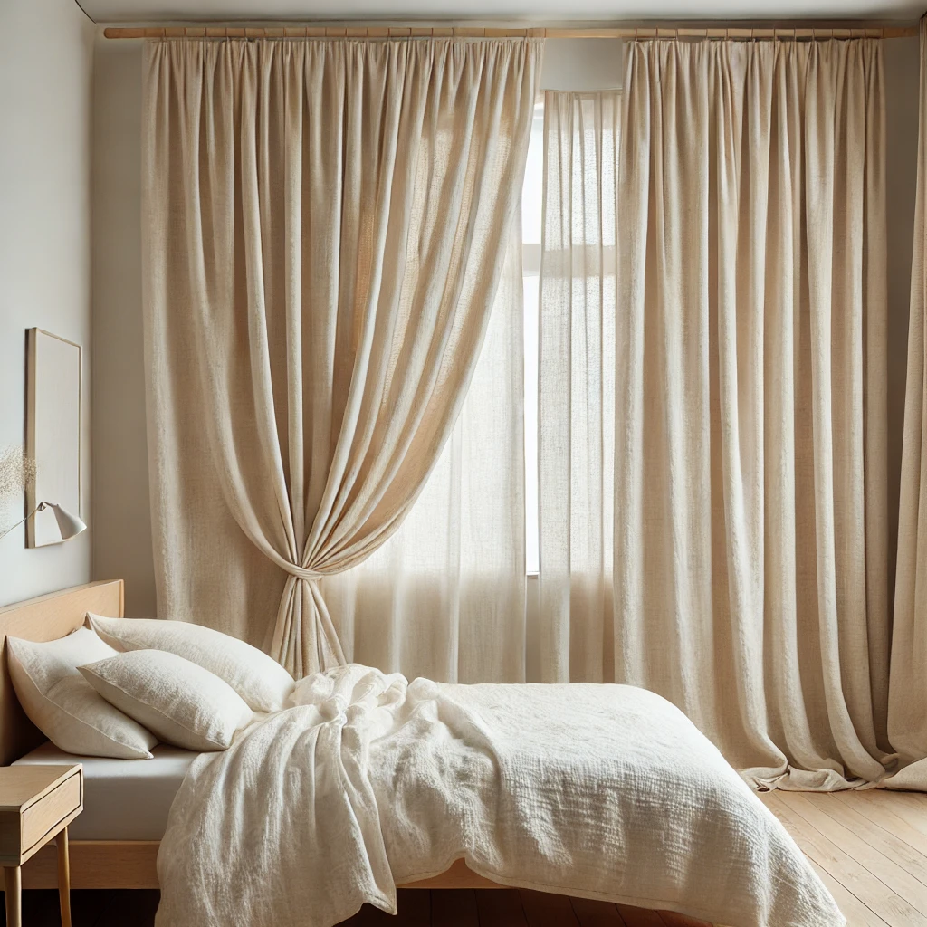  Ein helles und natürliches Schlafzimmer mit leicht beige-farbenen Leinen-Gardinen, die von einer einfachen Holzstange hängen. Die Vorhänge verleihen dem Raum eine frische und luftige Atmosphäre, ergänzt durch minimalistische Einrichtung und ein gemütliches Bett mit weißen Bettbezügen.