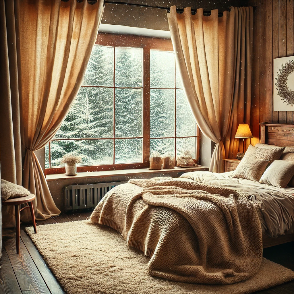 Ein gemütliches Schlafzimmer mit dicken, beigen Thermovorhängen, die das Fenster abdecken und eine isolierte, warme Atmosphäre schaffen. Ein rustikales Holzbett mit warmen Decken und ein weicher Teppich unterstreichen den komfortablen, energieeffizienten Raum, während draußen Schnee fällt.